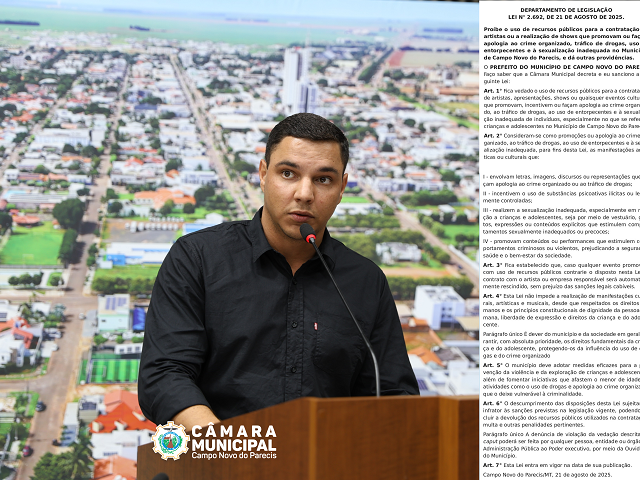 Campo Novo sanciona lei que proíbe contratação de shows com apologia ao crime, drogas e sexualização