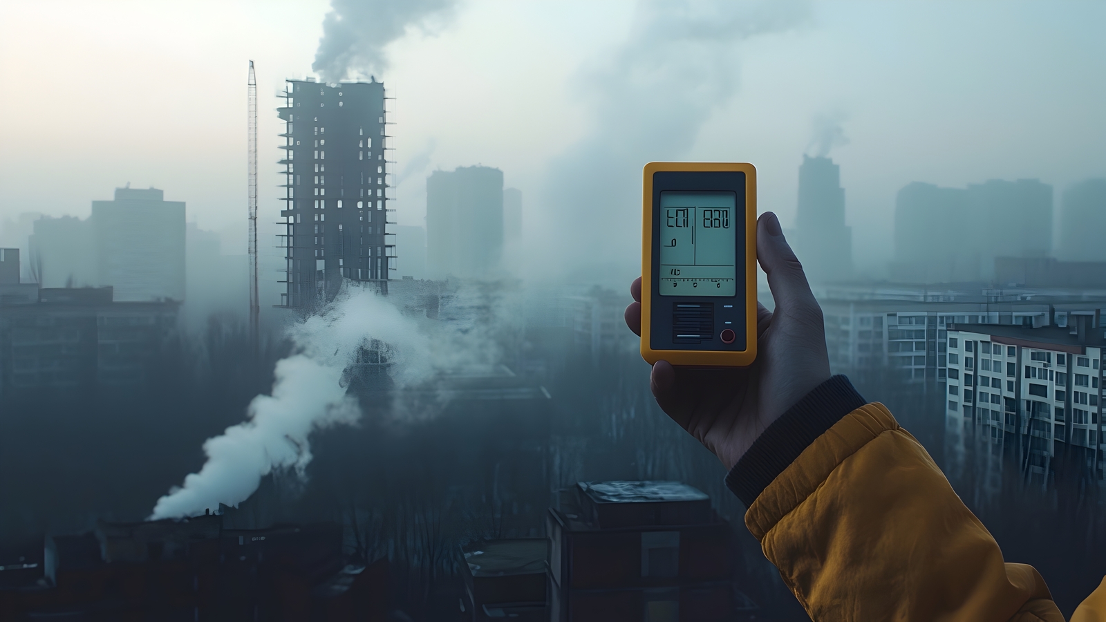 Professional Holding Air Meter Against Smoggy Cityscape